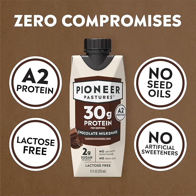 Pioneer Pastures - High Protein A2 Milkshakes - Chocolate - A2 Nutritional Milk, 30g Protein, 2g