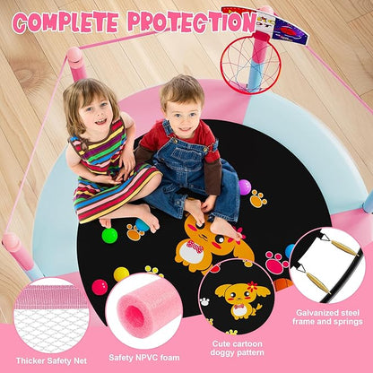 60" Trampoline for Kids, 5 FT Indoor & Outdoor Toddler Baby Trampoline with Basketball Hoop, Safety