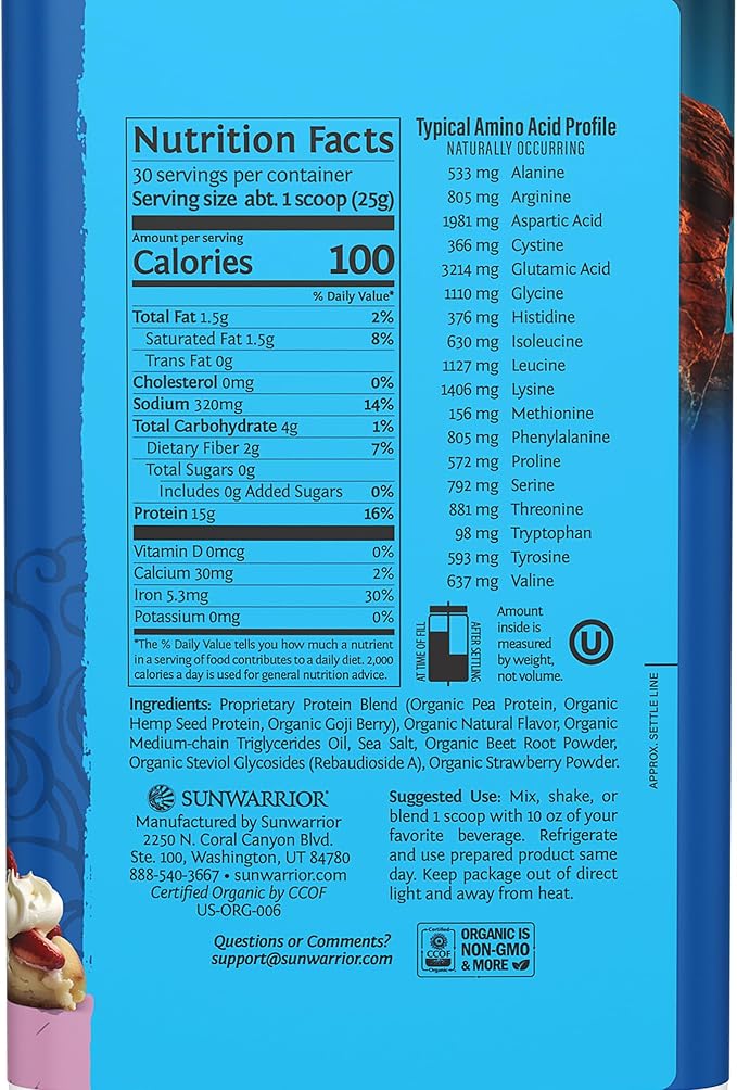 Sunwarrior Vegan Organic Protein Powder Plant-Based | BCAA Amino Acids Hemp Seed Soy Free Dairy