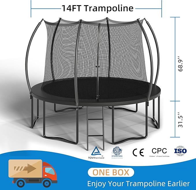 Trampoline 12FT 14FT Enclosure Net Outdoor Jump for Kids and Adults Round ASTM Approved Heavy-Duty