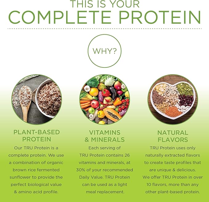 TRU Supplements Plant Based Protein Powder, BCAA, EAA, 20g Vegan Brown Rice & Pea Protein, 100