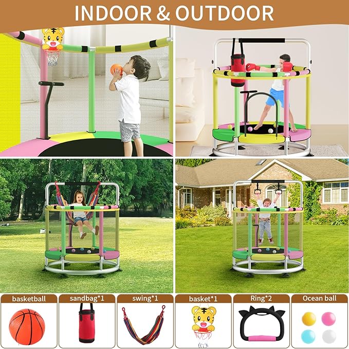 Trampoline for Kids, Adjustable Baby Toddler Trampoline with Basketball Hoop, Round Bottom Indoor