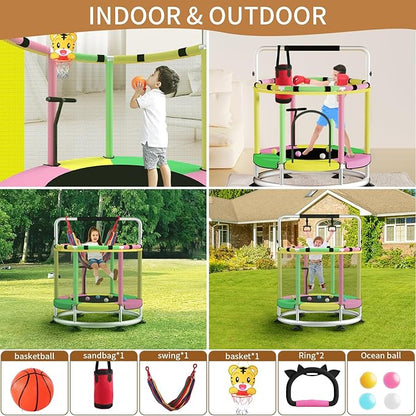 Trampoline for Kids, Adjustable Baby Toddler Trampoline with Basketball Hoop, Round Bottom Indoor