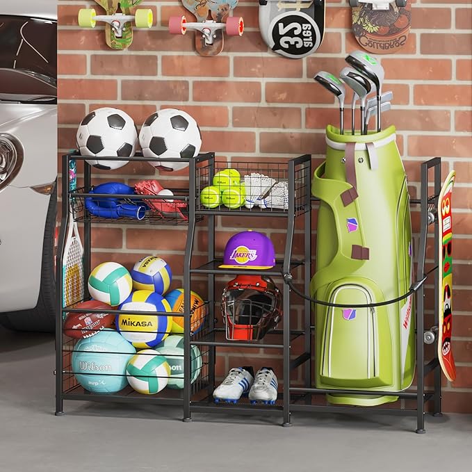 Sports Equipment Organizer Golf Bag Stand Golf Storage Organizer for Garage with Basket and Hooks