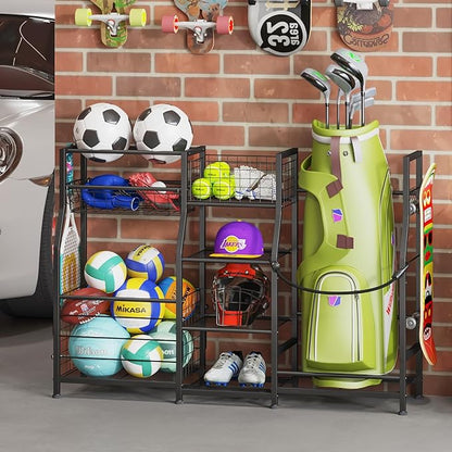 Sports Equipment Organizer Golf Bag Stand Golf Storage Organizer for Garage with Basket and Hooks