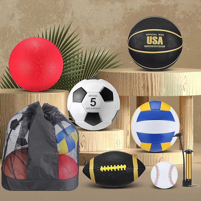 Leyndo 18 Pcs Sport Balls Bulk Set Basketball Football Volleyball Soccer Playground Baseball with