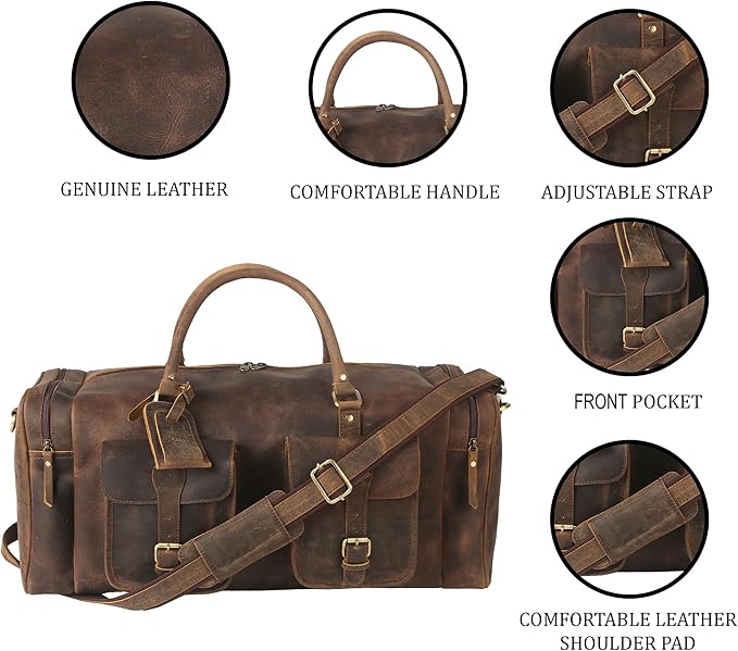 KomalC 24 inch Duffel Bag Travel Sports Overnight Weekend Leather Duffle Bag for Gym Sports Cabin