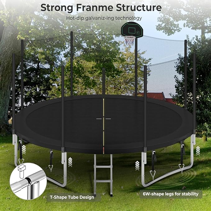 Upgraded 10/12/14/15/16FT Trampoline Outdoor, Large Kids Trampoline with Light, Stakes, Sprinkler