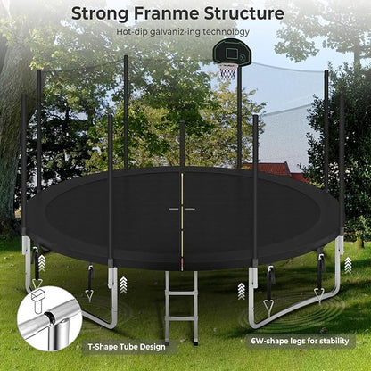 Upgraded 10/12/14/15/16FT Trampoline Outdoor, Large Kids Trampoline with Light, Stakes, Sprinkler