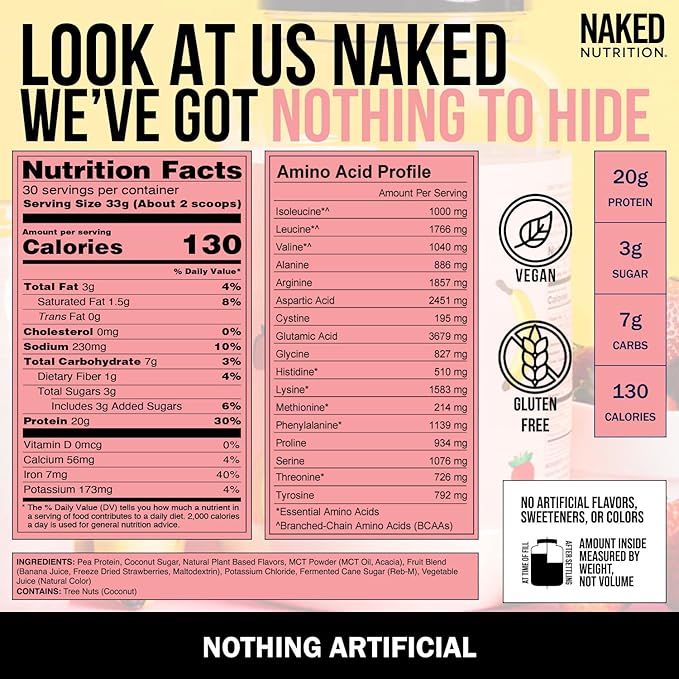 Naked Shake - Vegan Protein Powder, Strawberry Banana - Flavored Plant Based Protein with Mct Oil