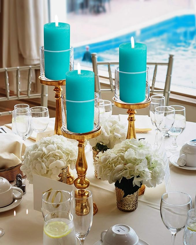 Mottled Pillar Candles by Bask - Set of 6-3" x 6" Dripless Unscented Candles in Turquoise for Home