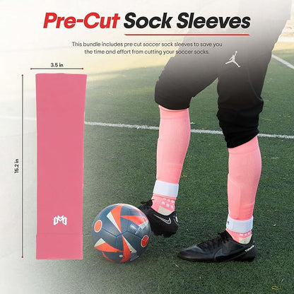 Soccer Grip Socks, Shin Guards, Pre Cut Sock Sleeves, and Guard Straps Bundle Pack - Essential