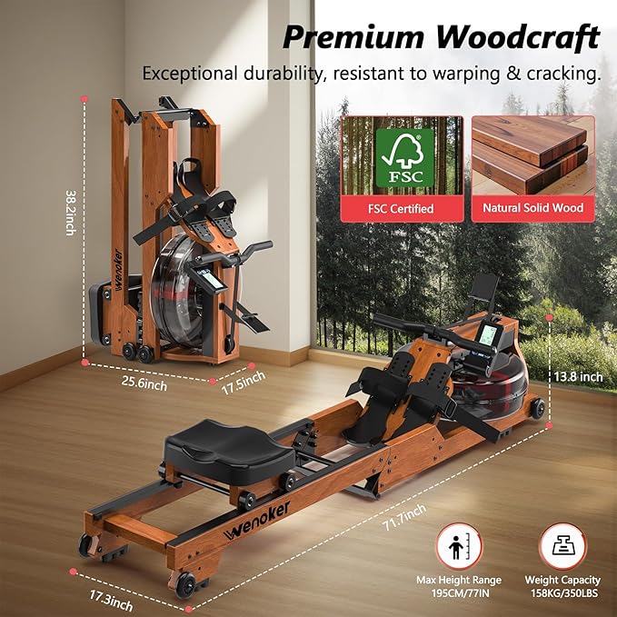 Water Rowing Machine for Home Use, WENOKER Wooden Foldable Rower Machine with Adjustable Monitor &