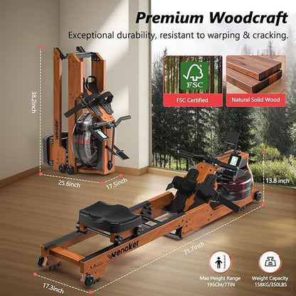Water Rowing Machine for Home Use, WENOKER Wooden Foldable Rower Machine with Adjustable Monitor &