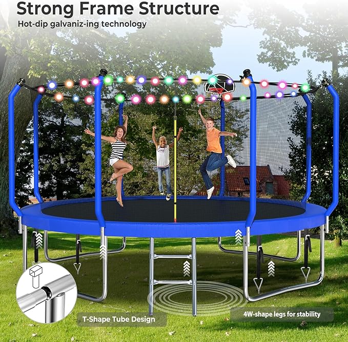 Upgraded Trampoline 8FT/10FT/12FT/14FT With Basketball Hoop, Light, Sprinkler, Stakes - Outdoor