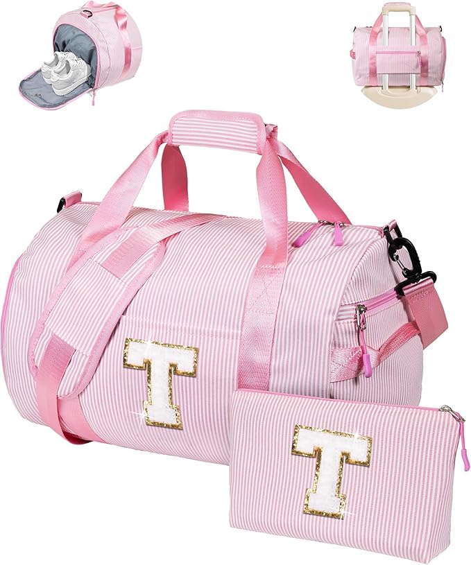 Teen Girl Gifts Trendy Stuff, Girl Gym Bag, Kids Initial Overnight Duffel Bags with Shoe