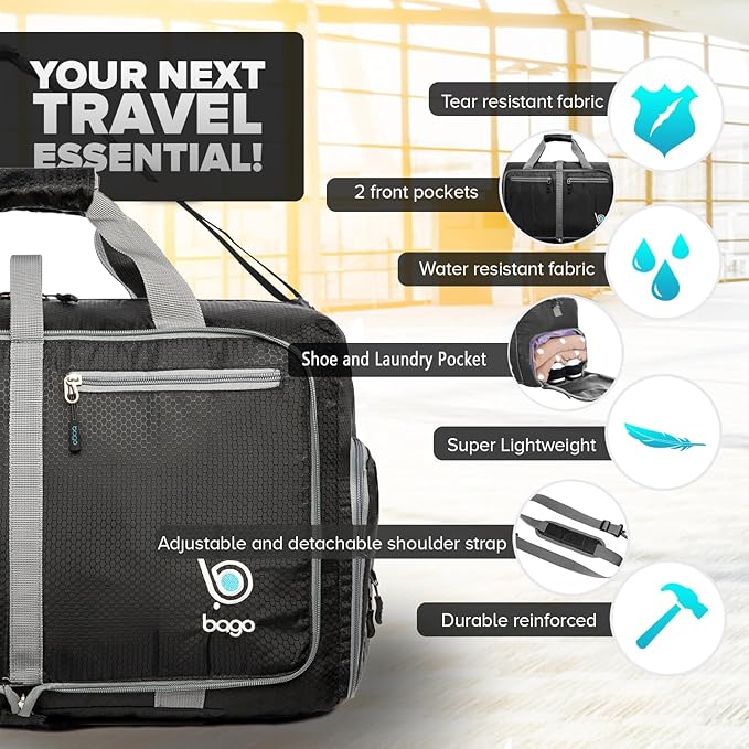 Bago Foldable Duffel Bags for Traveling Women & Men - 40L Sports Packable Duffle Bag for Travel