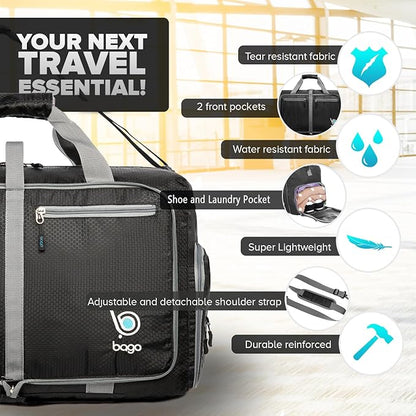 Bago Foldable Duffel Bags for Traveling Women & Men - 40L Sports Packable Duffle Bag for Travel