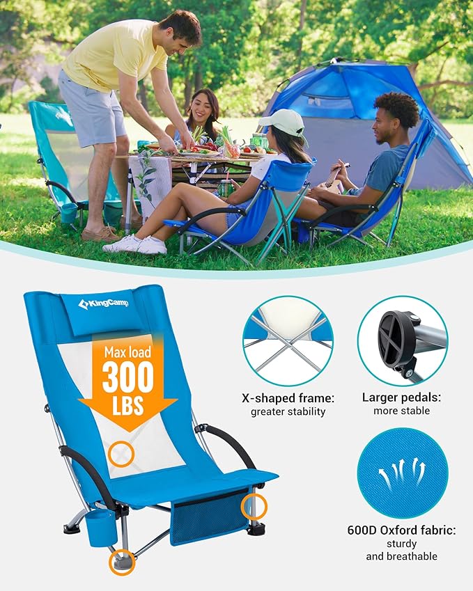 KingCamp Low Beach Chairs, Portable Folding Chair for Adults Extra Wide Ergonomic High Back Seat