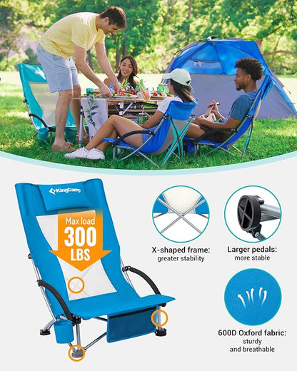 KingCamp Low Beach Chairs, Portable Folding Chair for Adults Extra Wide Ergonomic High Back Seat