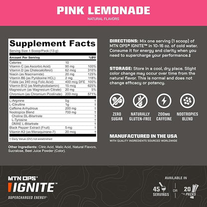 MTN OPS Ignite Trail Packs Energy Drink Powder, Gluten Free Nootropic Supplement Drink Mix, L