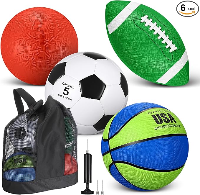 Lenwen 4 Pcs Sports Balls Set, Include Official Size Basketball Soccer Football Playground Ball