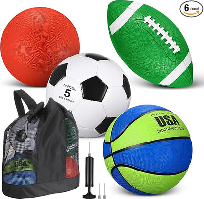 Lenwen 4 Pcs Sports Balls Set, Include Official Size Basketball Soccer Football Playground Ball
