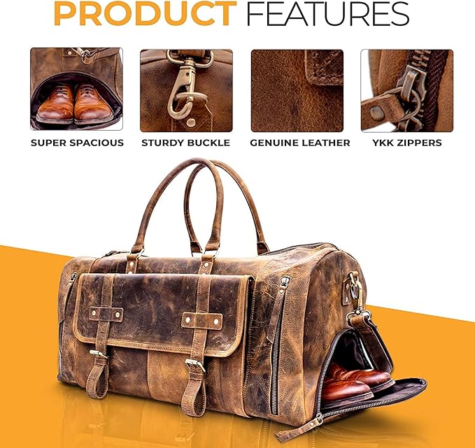 KomalC 24 Inch Leather Duffel Bags for Men and Women Full Grain Leather Travel Overnight Weekend