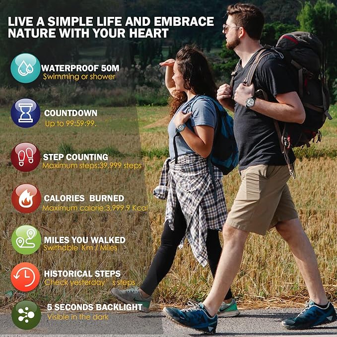 Mens Pedometer Watch for Walking Step Counter Watch No Charging, No App Connection, with EL