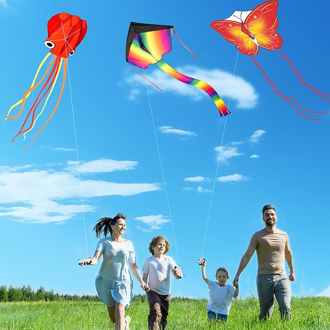 3 Pack Large Kites, Large Butterfly Kite, Colorful Delta and Red Octopus for Girls Boys Ages 4-8