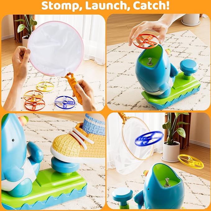 Flying Disc Launcher Outdoor Toys with 1 Whale Launcher, 24 Flying Discs, 2 Butterfly Nets and 2
