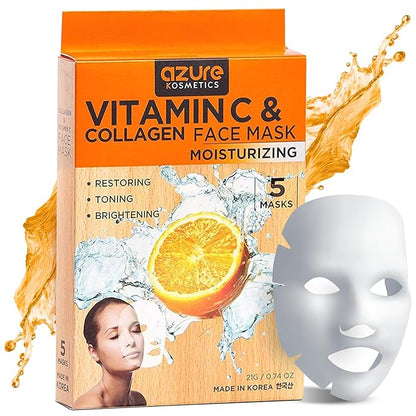 Azure Cosmetics Vitamin C & Collagen Face Mask - Dermatologist Tested, Anti Aging, Hydrating &