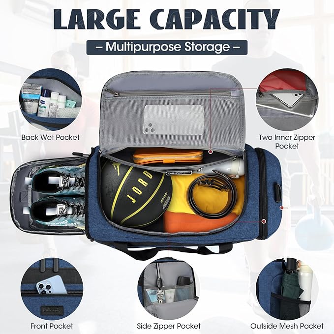 IGOLUMON Gym Bag for Men 55L Sports Duffel Bags Gym Duffle Bag Women with Shoe Compartment & Wet
