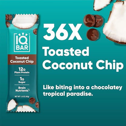 IQBAR Brain and Body Plant Protein Bars - Toasted Coconut Chip - 36-Count Low Carb - Gluten Free