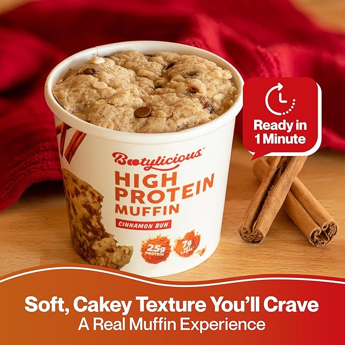 Bootylicious | High-Protein Muffin | 25g Protein, 7g Net Carbs, 2.32-2.75oz Cup, 12-Pack (Cinnamon