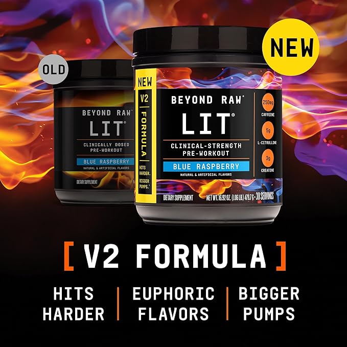 BEYOND RAW LIT V2 Clinical Strength Pre Workout Powder, Hits Harder, Bigger Pumps, Caffeine