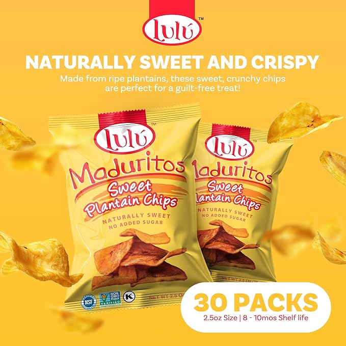 LULU Plantain Chips - Maduritos Sweet Plantain Chips, 30 Individual Bags (2.5 Oz Each) - Crunchy