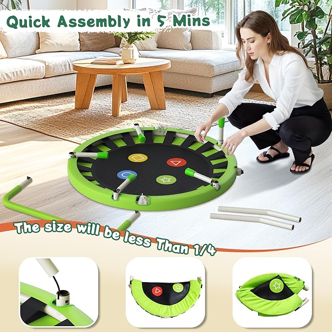 3FT Toddler Trampoline with Adjustable Handlebar, 36" Foldable & Spring-Free, Mini Kids Indoor