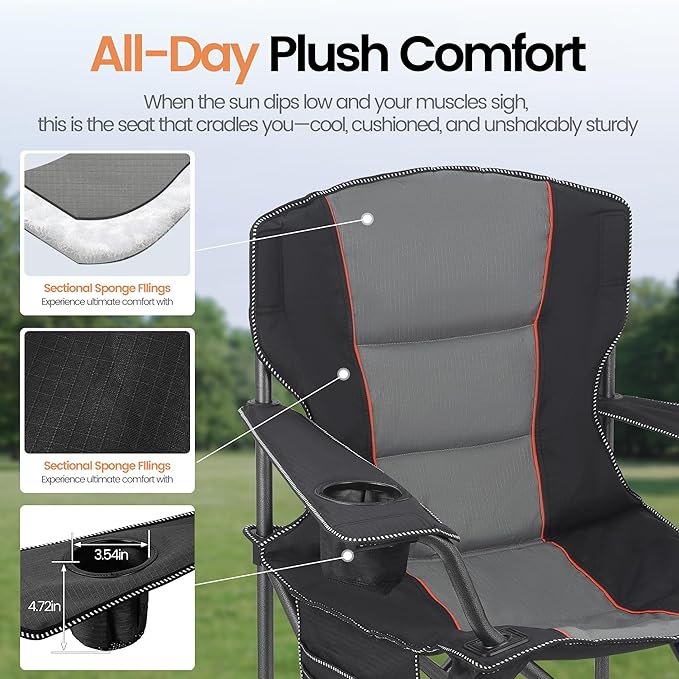 2 Pack Heavy Duty Oversized Camping Chair for Adults 400lbs w/Lumbar Support - Folding Chairs with