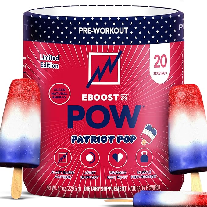 EBOOST POW Natural Pre Workout Powder - 20 Servings - Patriot Pop - Pre Workout Supplement for