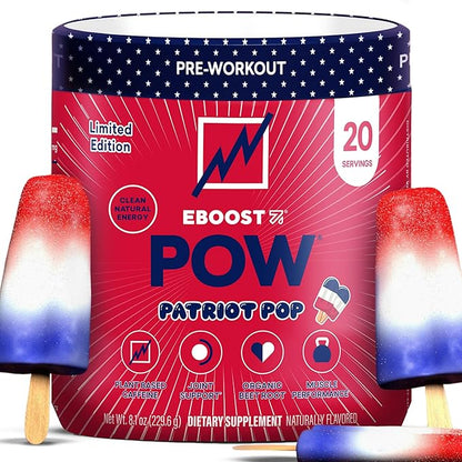 EBOOST POW Natural Pre Workout Powder - 20 Servings - Patriot Pop - Pre Workout Supplement for