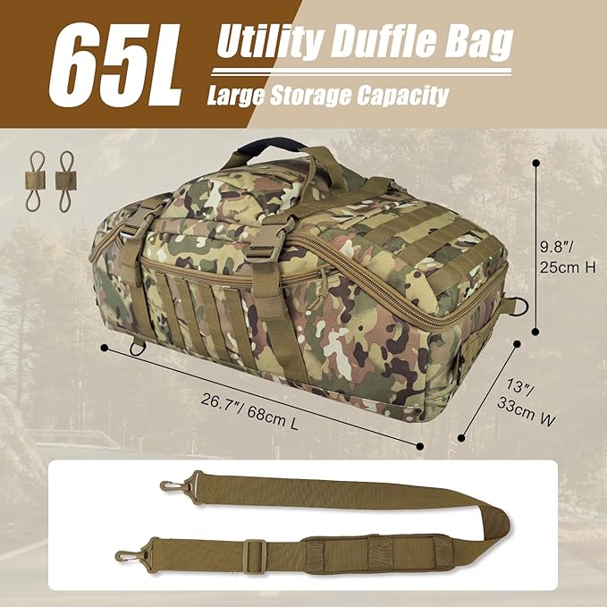 65L Large Travel Duffle Bag Military Tactical Backpack, Army Assault Pack 3 Day Bug Out Rucksack