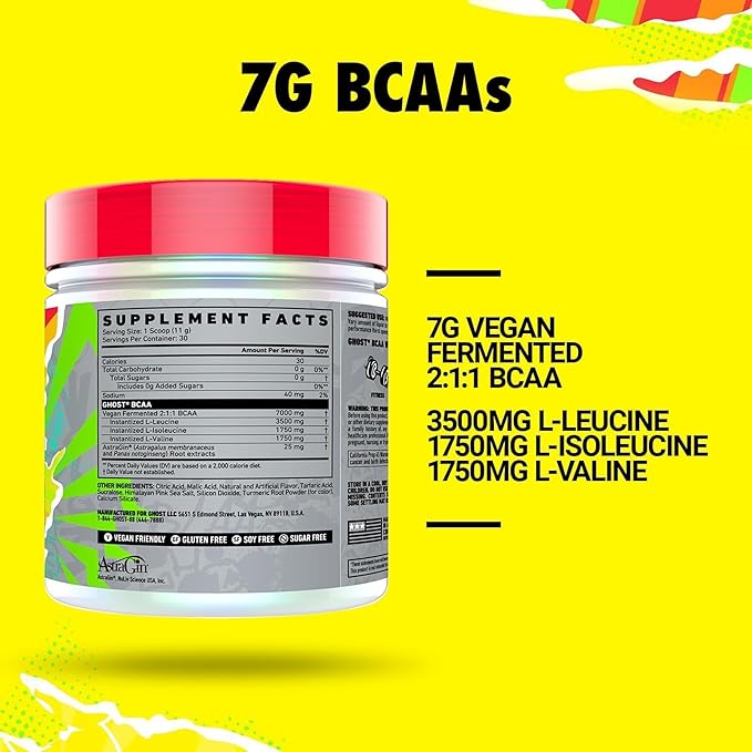 GHOST BCAA Powder Amino Acids Supplement, Lemon Crush - 30 Servings - Sugar-Free Intra, Post & Pre