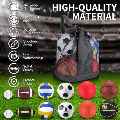 Deekin 12 Pcs Assorted Sport Ball Set Official Size Basketball, Football, Volleyball, Soccer