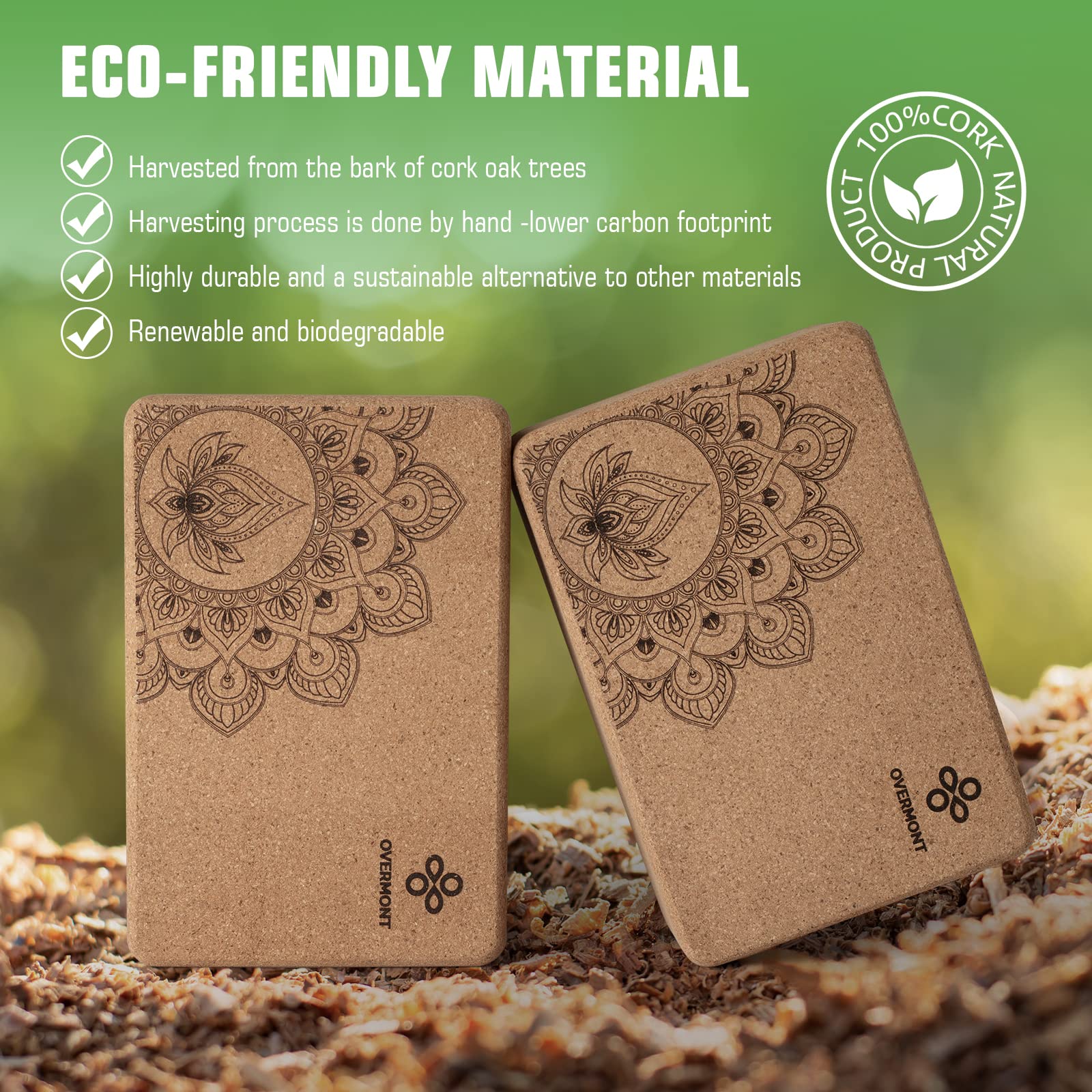 Overmont Cork Yoga Blocks 2 pack with 8ft Strap Natural Cork Bricks