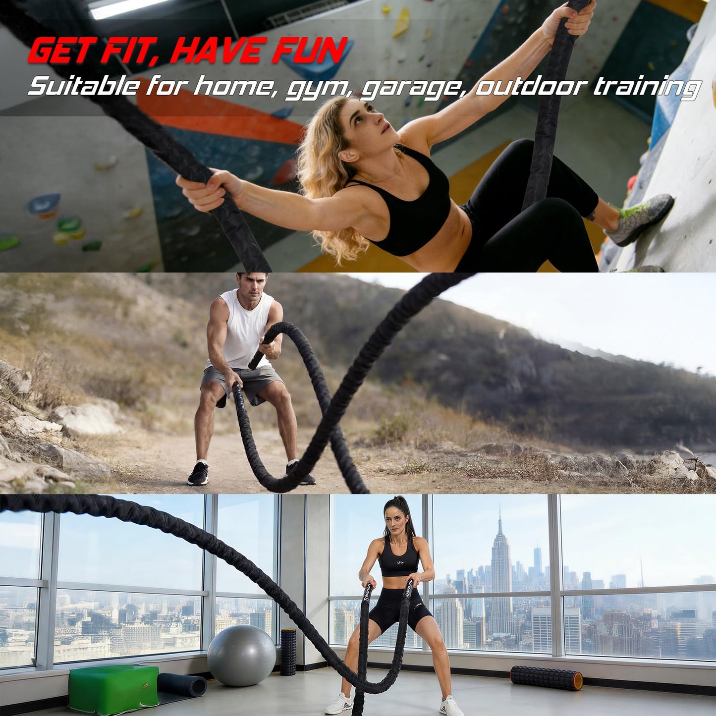 Battle Rope for Home Gym Workout - 1.5 Inch 30ft Heavy Weighted Training Exercise Ropes Fitness