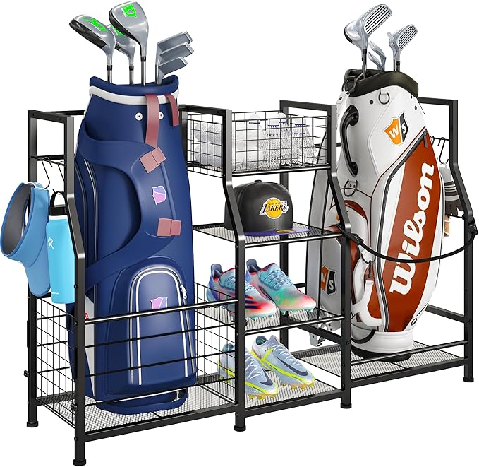 Sports Equipment Organizer Golf Bag Stand Golf Storage Organizer for Garage with Basket and Hooks