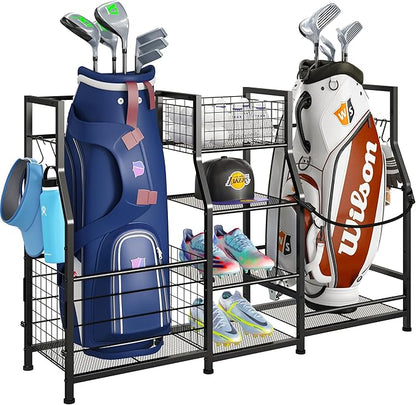 Sports Equipment Organizer Golf Bag Stand Golf Storage Organizer for Garage with Basket and Hooks