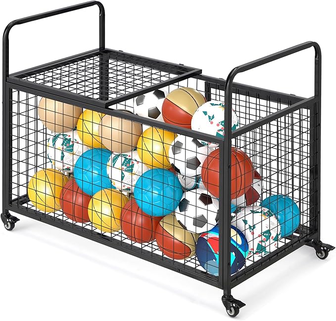 AECOJOY Ball Cart Storage, Rolling Basketball Bin with Wheels for Garage, School, Gym, Sports