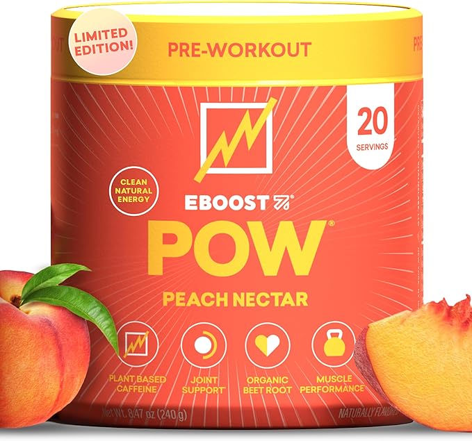 EBOOST POW Natural Pre Workout Powder - 20 Servings, Peach Nectar - Preworkout Energy Booster Gym